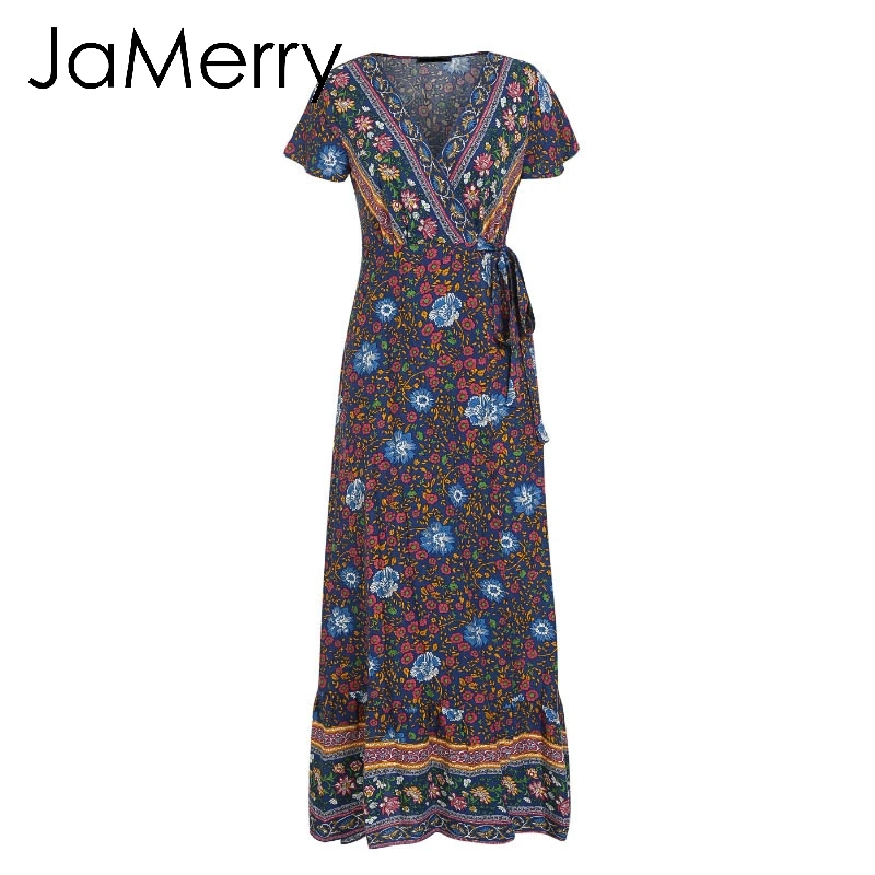 JaMerry Boho винтажное длинное платье макси с цветочным принтом, рукав с рюшами, сексуальные платья, богемное платье для отдыха на пляже, платье vestidos