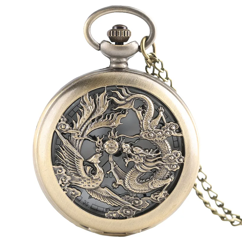 Ретро античный Дракон Феникс кварцевые карманные часы для мужчин и женщин