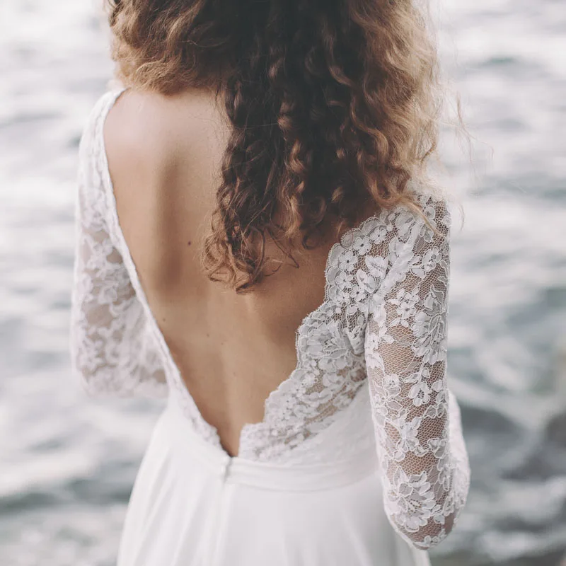 

Simple Chiffon Wedding Dress Lace Long Sleeve 2019 Sexy Backless Cheap Wedding Gown