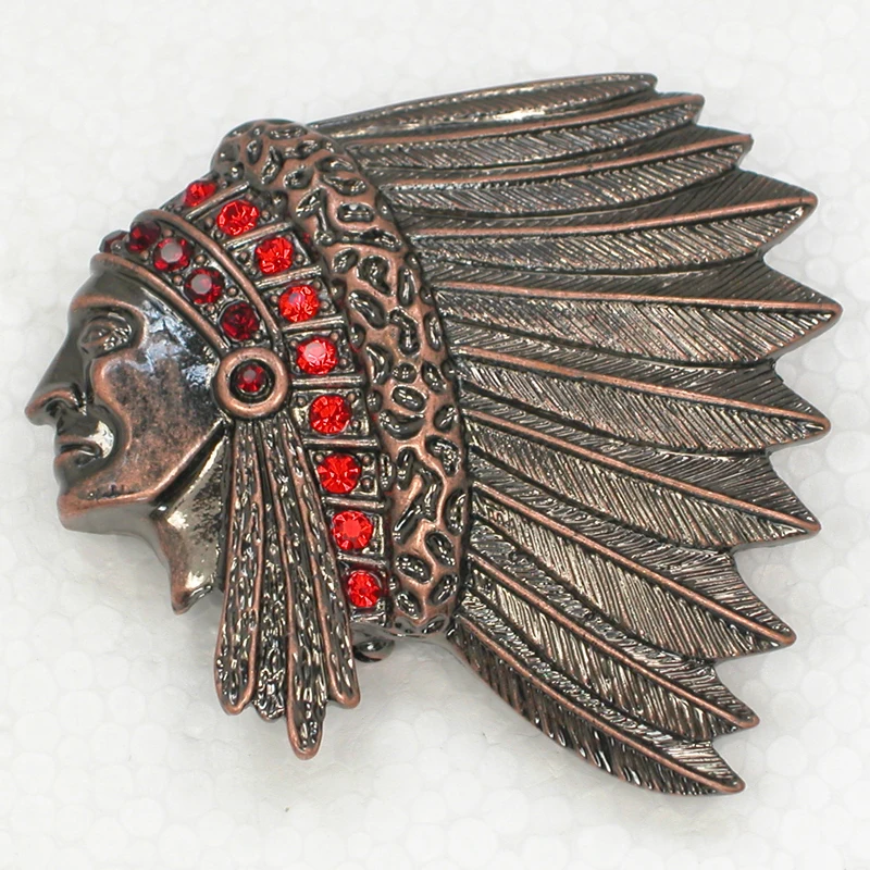 

Antique copper Indians Chief Head Brooch Red Rhinestone Pin brooches C703 C3
