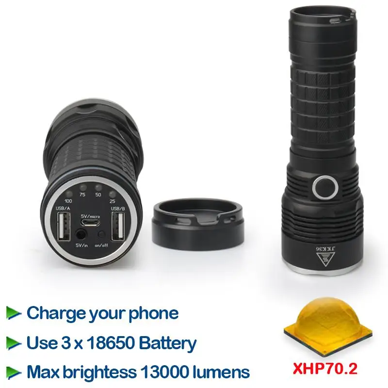 Usb XHP70 power bank зарядный фонарик самый мощный военный фонарь большой дальности 18650