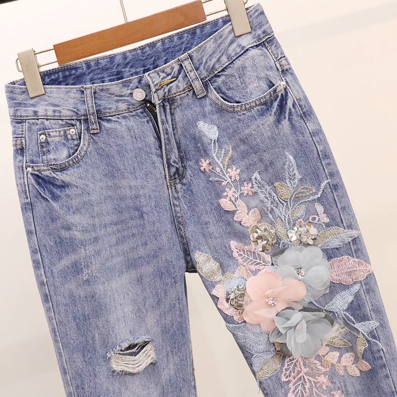 Summer Fashion Women Jeans Sets 3D Flower Appliques Cute T Shirt& Denim Pants Suits Two Piece Tees Vestidos Women 2 PC Sets