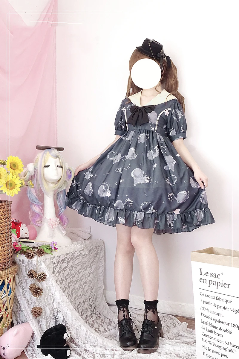 Kawaii Медузы печати Для женщин летнее платье Лолита шифоновые платья с пышными короткий рукав; моряк воротник с рюшами Вечерние; милое детское платье;