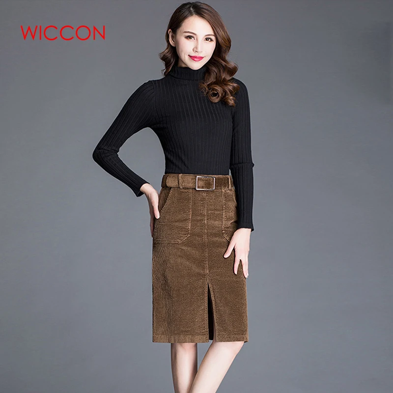 Casual Corduroy Skirts Womens Autumn Winter Black Brown Knee-Length High Waist Skirt Plus Size 3XL Ladies Slim Straight Skirt