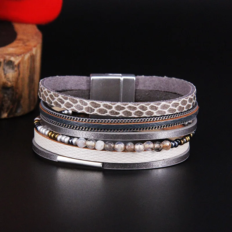 ZG натуральный камень женский кожаный браслет Pulseira многослойный браслет с магнитной пряжкой Женская мода
