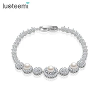 luoteemi new fashion charm bracelet high quality hearts and arrow round cubic zicon 3 white imitation pearl bangle jewelry