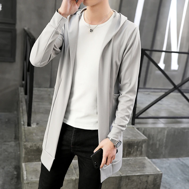 Тренчкот мужской с капюшоном модная Длинная накидка в Корейском стиле