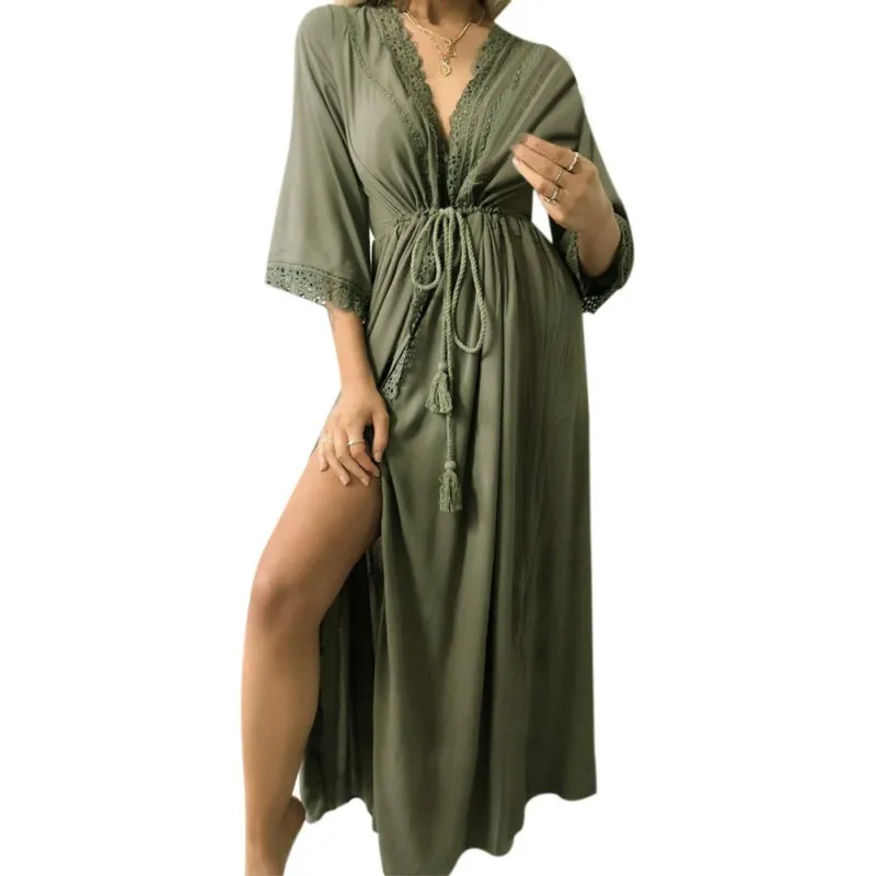 Women Dress Summer 2019 Ladies Lace Patchwork Dresses Sexy V Neck Long Sleeve Solid Color Casual Womens |