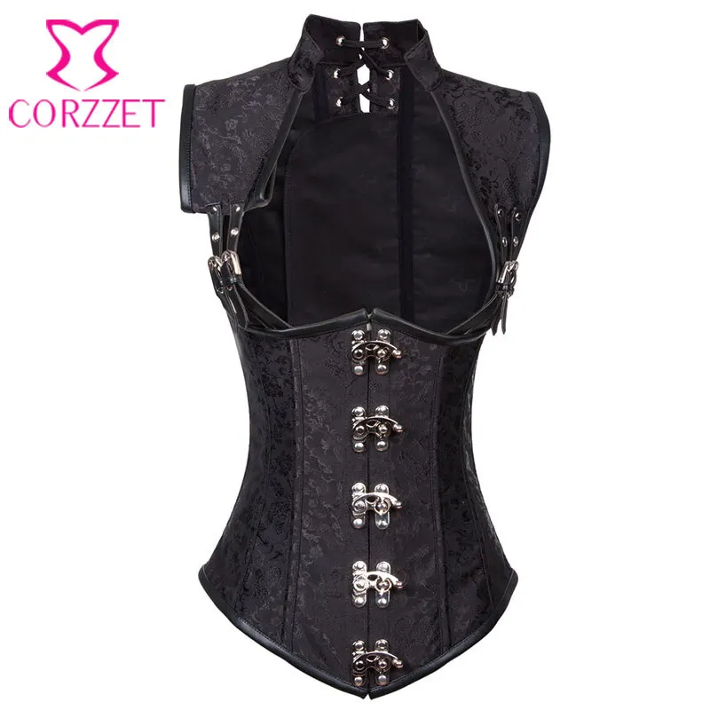 

Black Brocade Collared Top Cupless Sexy Corset Vest Steampunk Corset Underbust Gothic Clothing Corsets and Bustiers Steel Boned