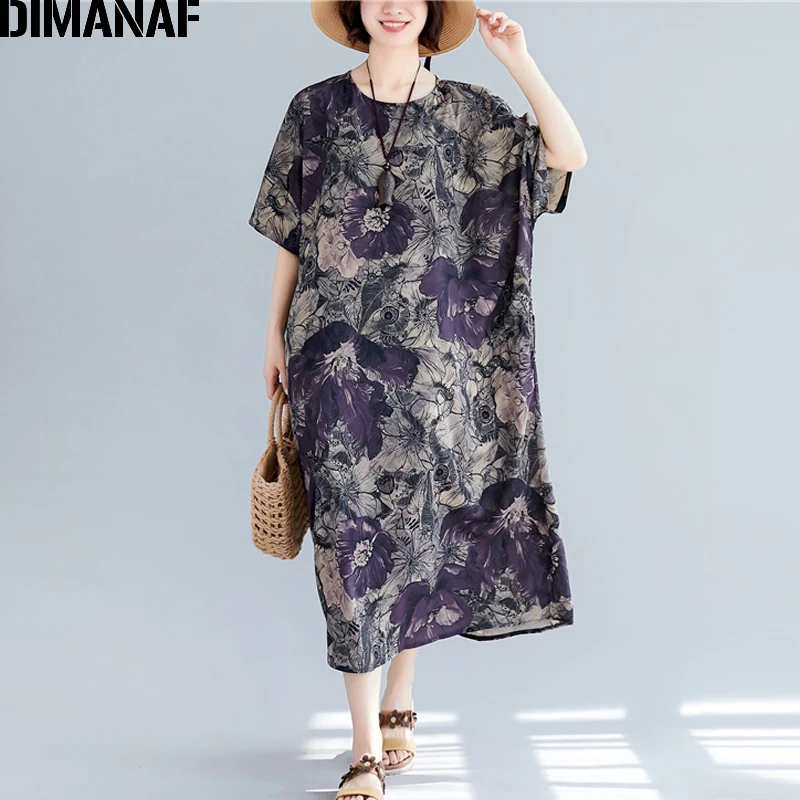 DIMANAF Oversize Women Dress Big Size Elegant Vintage Female Vestidos Print Floral Summer Sundress Loose Long Lady 2019 | Женская одежда