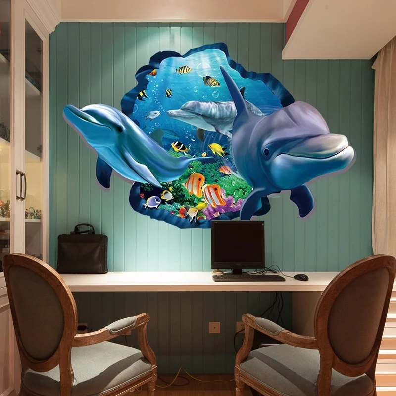 3d Effect Underwater World Dolphin Fish Background Wall Stickers Living Room Bedroom Sofa Decoration|Наклейки на стену| |