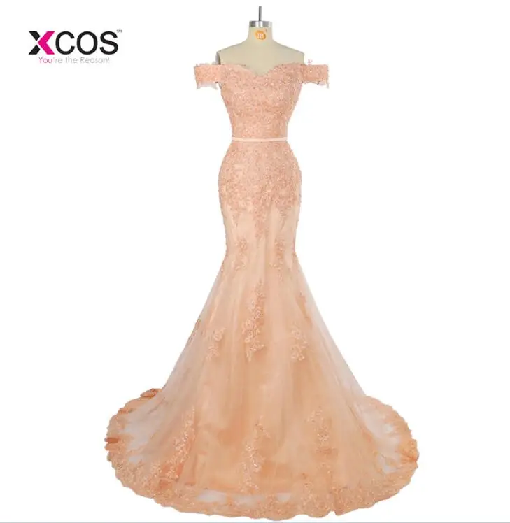 Light Orange Красное длинное свадебное платье кружева Русалочка платья для торжеств с открытыми плечами бисерные Аппликации Тюль Свадебные праздничные платья - Цвет: Light Orange