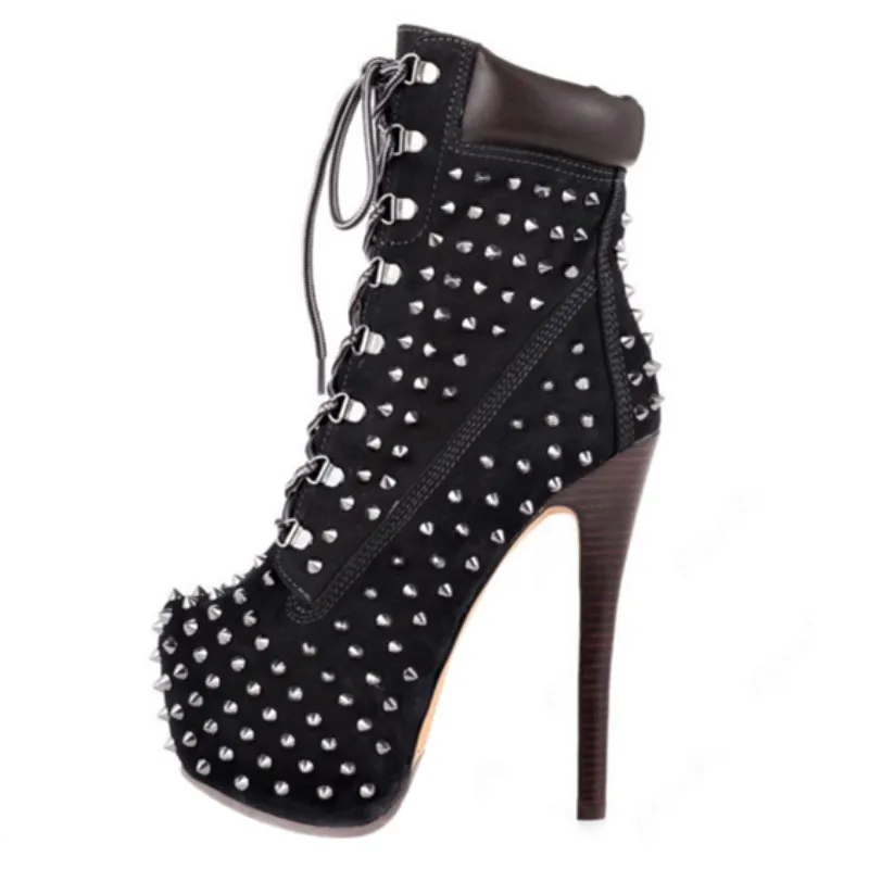 

Обувь SHOFOO, красивая модная женская обувь, искусственная замша, украшение с заклепками, сапоги на высоком каблуке 14,5 см, ботильоны. Размер: 34-45