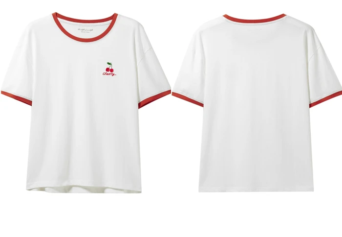 Giordano Women Tshirt Women Embroidery Fruits Contrast Color Crewneck Short Sleeve Tees Women Soft Cotton Fasion Women T Shirt