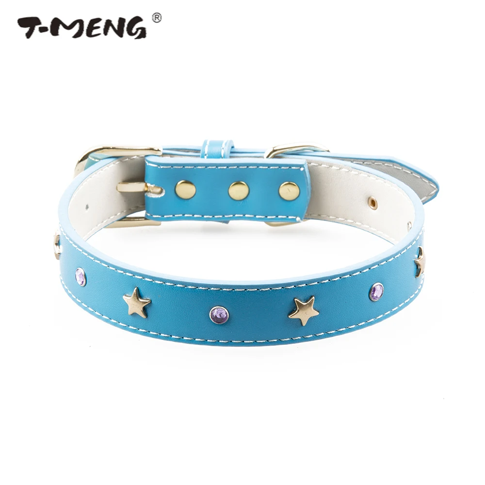 Blue T-MENG ошейник для собак, блестящие стразы, бриллиантовые звезды, ошейники для кошек, натуральная кожа, ошейник для собак, модные товары для домашних животных 13 - Цвет: Blue