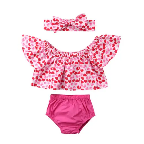 Newborn Baby Girl Off Shoulder Heart Blouse CropTops Shorts Briefs Headband 3pcs Outfits Sunsuit Clothes Set | Детская одежда и