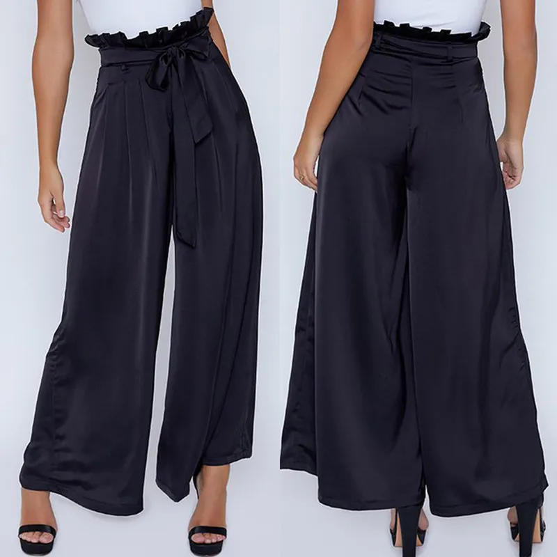 2018 Self Belted Box Pleated Palazzo Pants Women Elegant Loose Long Fall High Waist Wide Leg CSS302 | Женская одежда