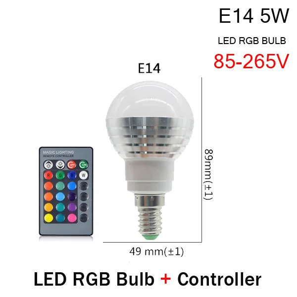 E14 5W RGB BULB 1 шт. E14 E27 GU10 RGB светодиодный светильник 3 Вт 5 Вт 9 Вт 110 В 220 В 16 изменение цвета RGB Лампочка светильник+ пульт дистанционного управления для бара KTV украшения - Испускаемый цвет: E14 5W RGB BULB