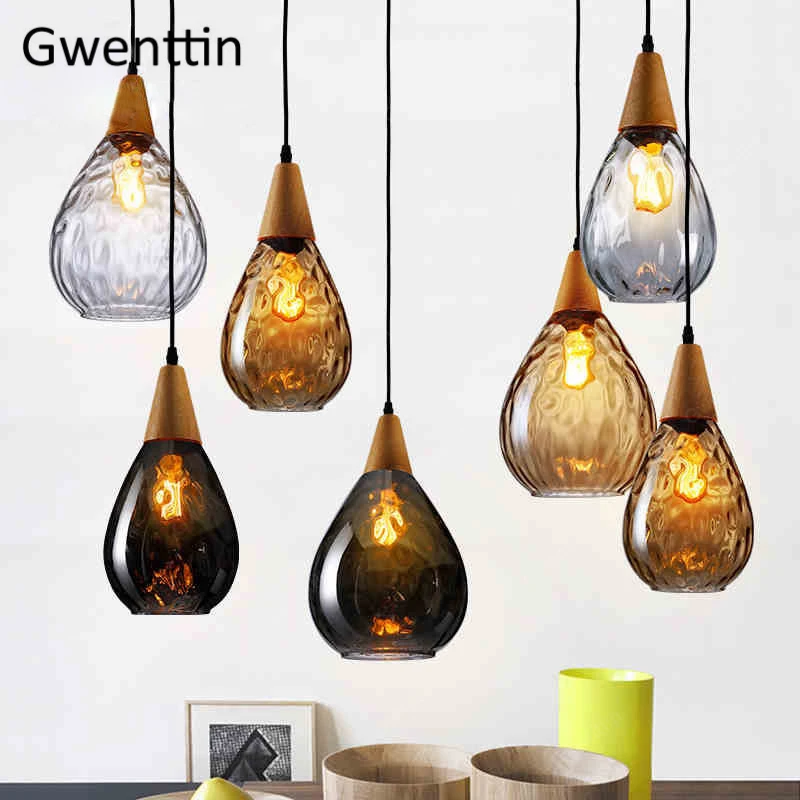 

Vinatge Glass Pendant Lamp Wood Hanging Lights for Home Deco Dining Room Kitchen Light Fixtures Loft Decor Industrial Luminaire