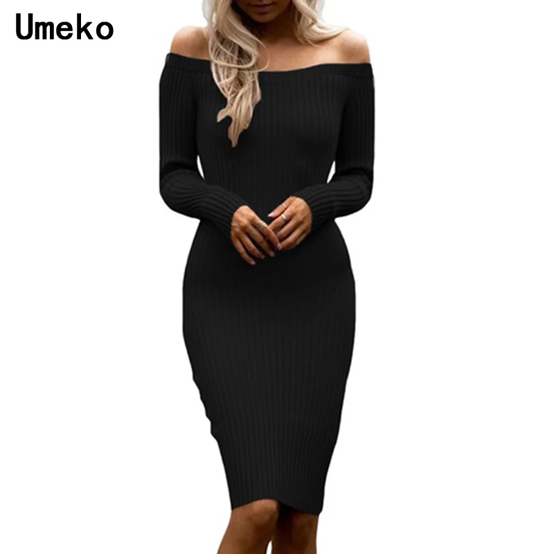 Платье свитер с длинным рукавом плеча облегающее платье Вечерние ночное тонкой