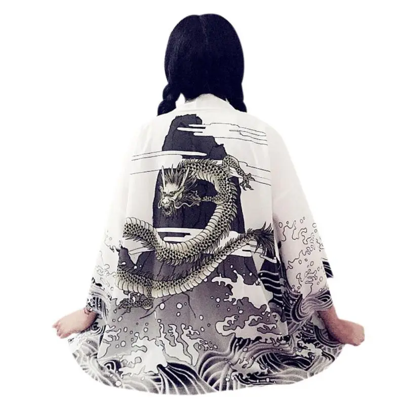 

Hot 2019 Vintage Summer Women Cardigan Dragon Waves Printed Chiffon Sun Protection Kimono Shirt Outerwear