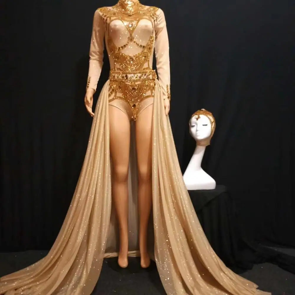 

Gold Crystals Party Dress Long Tail DJ Costume Prom Shining Rhinestones Evening Outfit Women Birthday Celebrate Dresses DT944