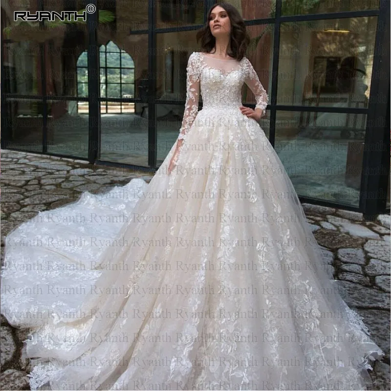 

Luxury Robe De Mariage 2023 Custom Made Long Train Lace A Line Wedding Dress Modern Sheer Long Sleeves Vestidos de novia