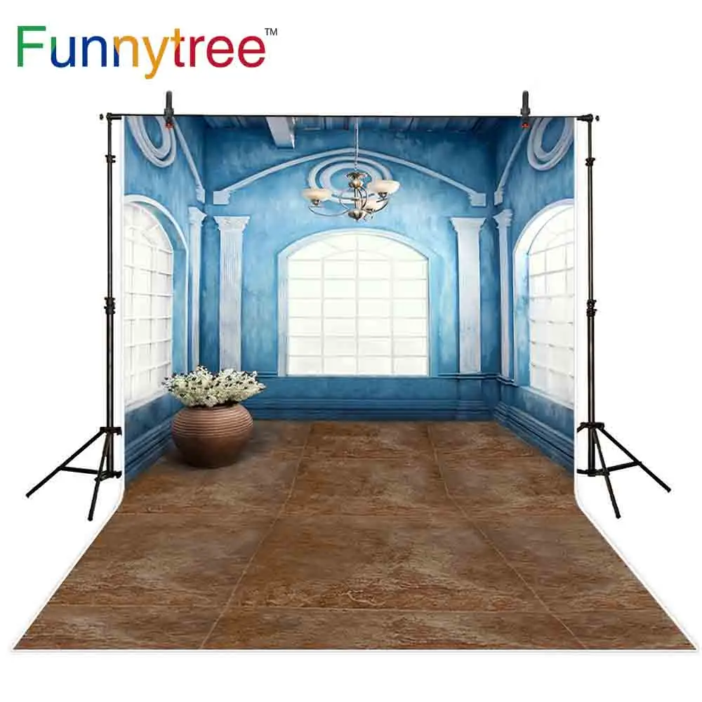 Фон Funnytree для фотостудии с изображением синего столба стены окна цветочного