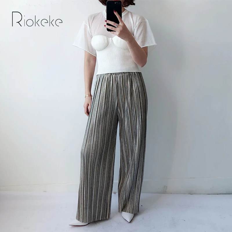 Riokeke 2018 металл сверкающий эластичный пояс Широкие брюки женские Мотобрюки Для