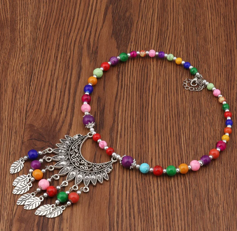 Seblasy Maxi Boho Big Statement Natural Stone Beads Moon Leaves Flowers Tassel Necklaces Pendants for Women Tribal Jewelry Colar | Украшения