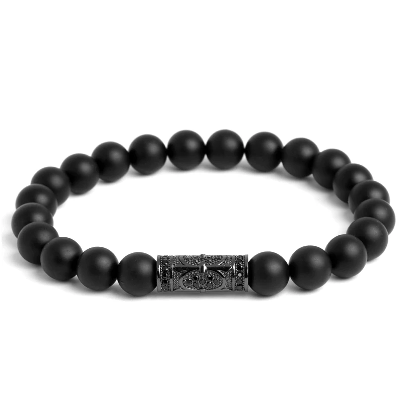 Mcllroy new brand MCLLROY 8mm natural black lucky beads bracelets gentleman micro-paved anchor cross yoga Vintage bracelet Men | Украшения