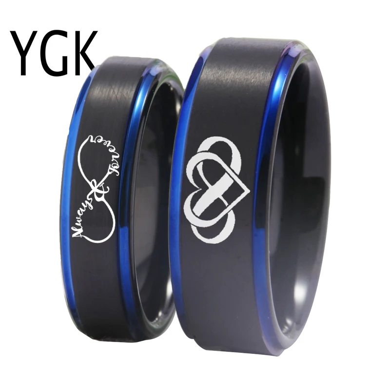 YGK Brand Couple Wedding Jewelry For Lovers Couple Tungsten Ring Black Blue Tungsten Wedding Ring infinity heart Always& Forever