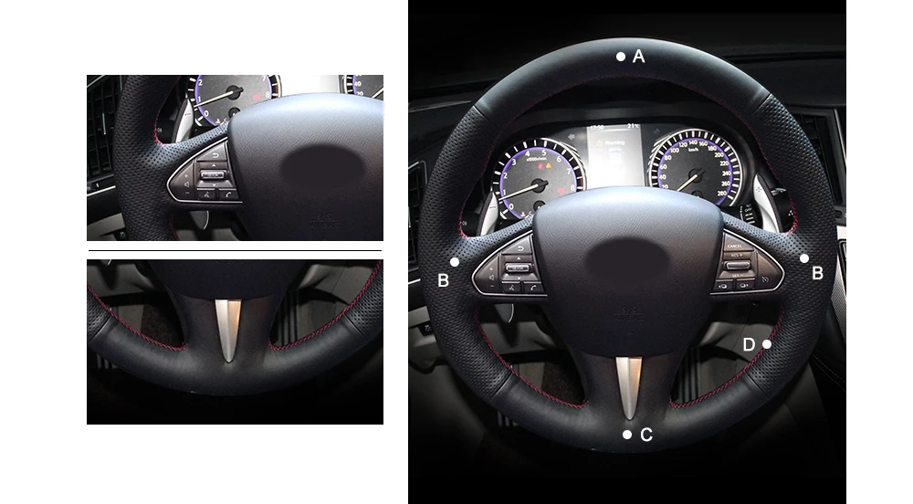 MEWANT Black Genuine Leather Hand Sew Car Steering Wheel Cover for Infiniti Q50 QX50
