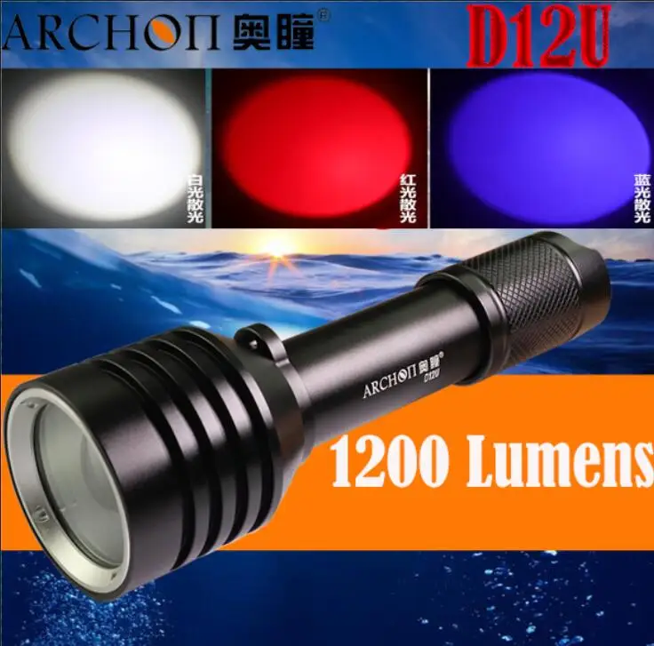 ARCHON D12U Diving Flashlight 100M Zoomable Dive Light ( White+  Red+ Blue light LED ) 1200 Lumens Underwater Flashlight