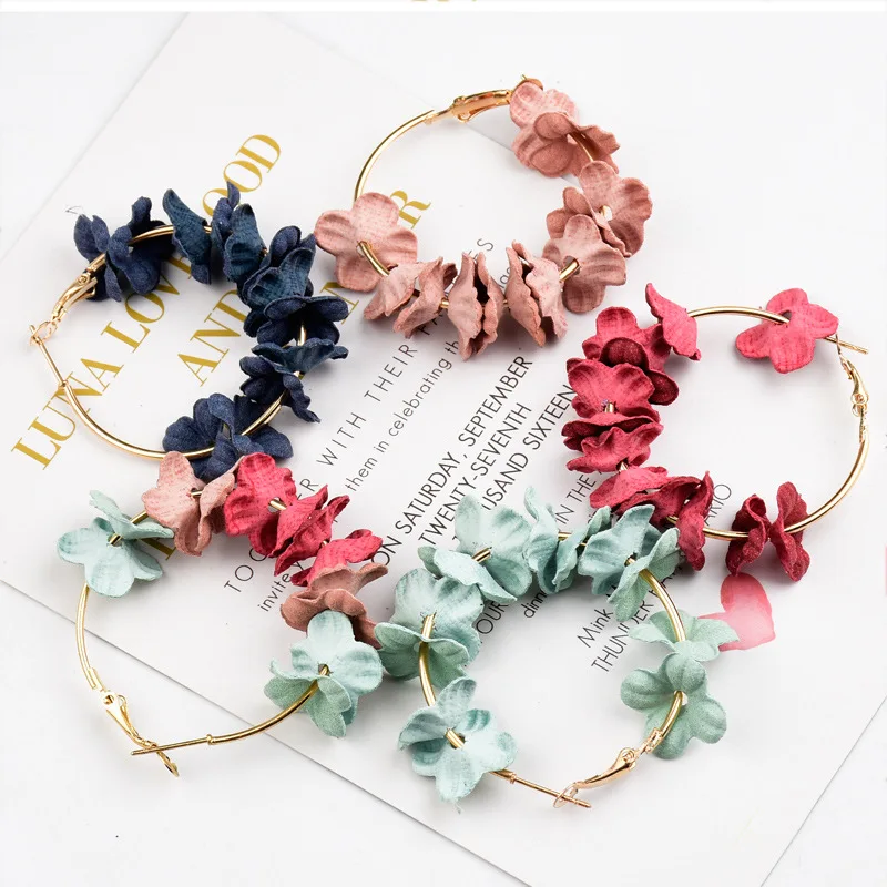 Женские корейские красочные лепесток из ткани с цветком золотые серьги кольца