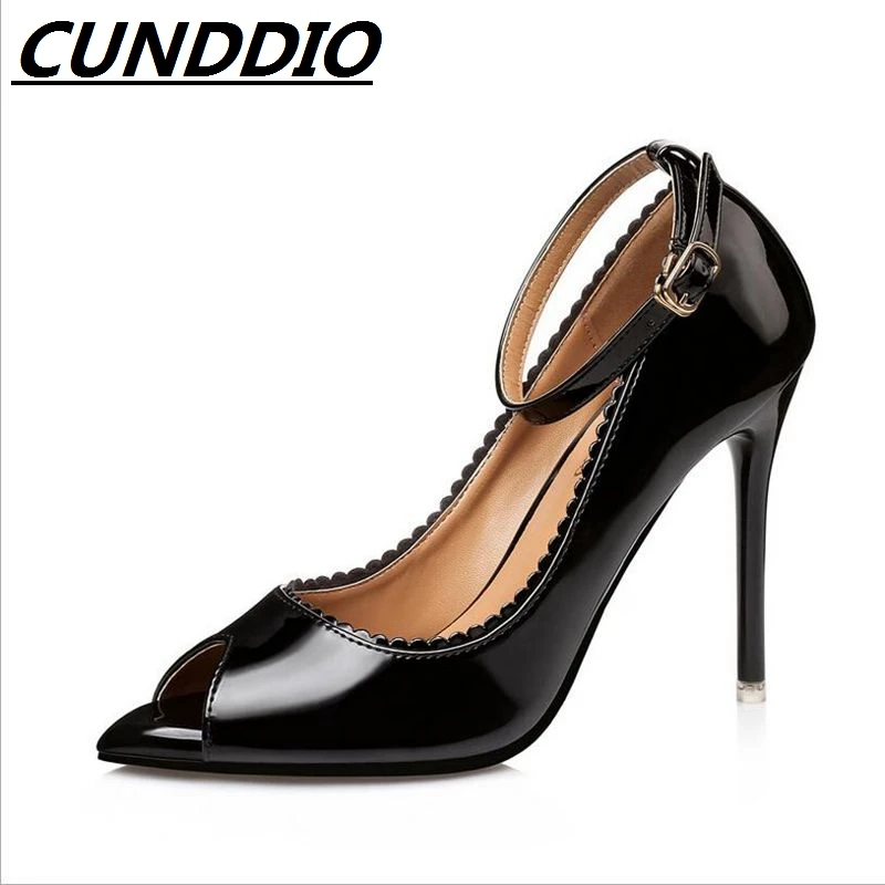 CUNDDIO конфеты цвета Сладкий пряжки peep toe Штраф с Пятки Совет Лакированной кожи