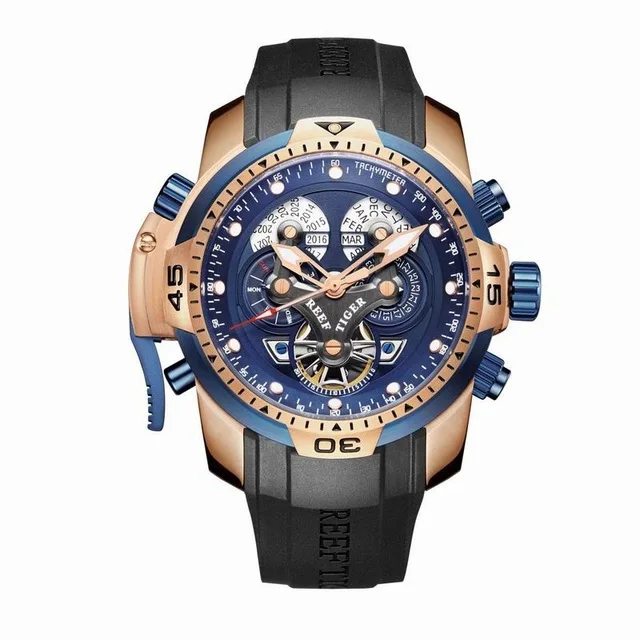 Роскошные Брендовые спортивные часы Reef Tiger с турбийоном, с календарем, датой, водонепроницаемые, 100 м, кожаные механические мужские часы, мужские часы - Цвет: black blue gold