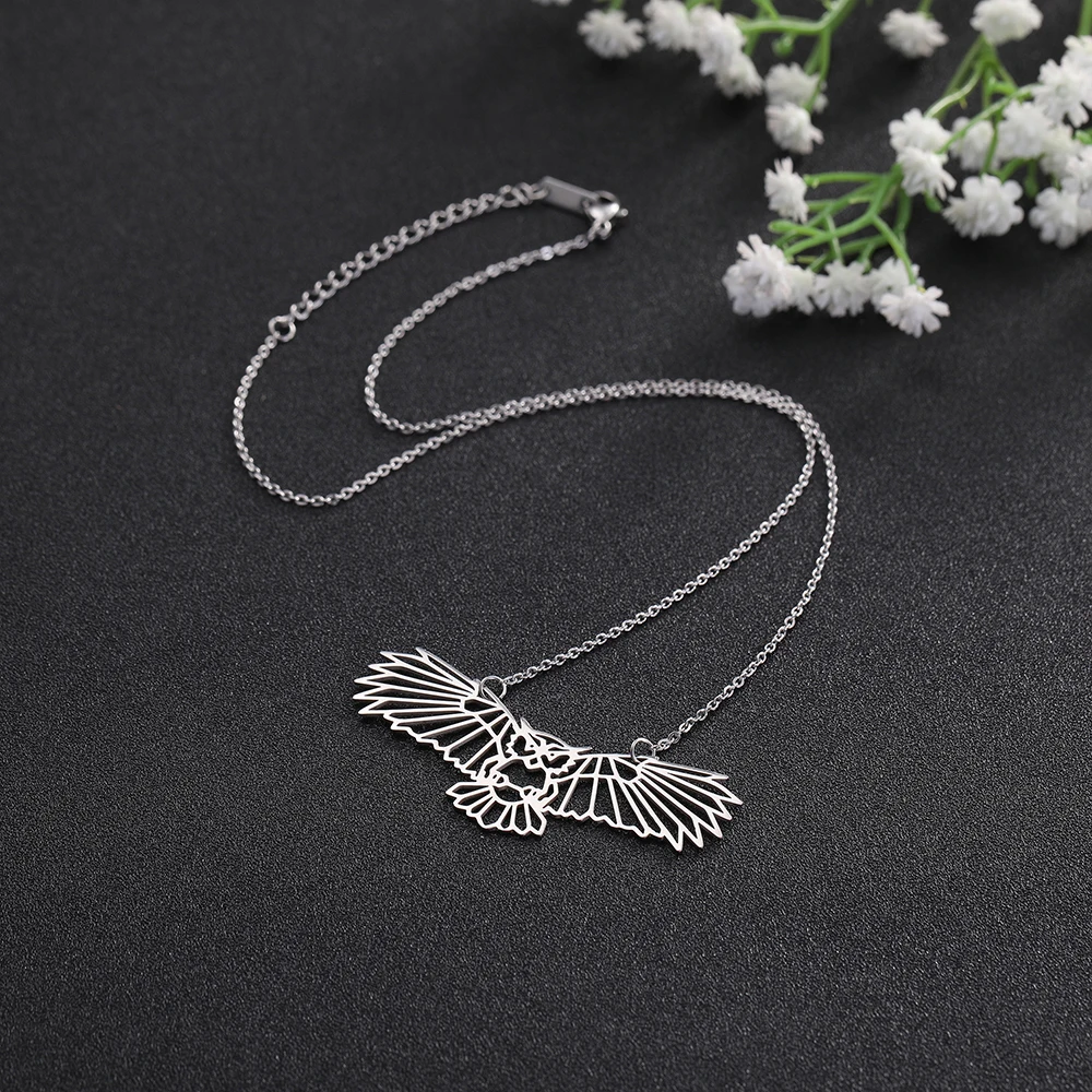 Teamer Stainless Steel Chain Necklace Owl Cock Flamingo Swallow Hollow Geometric Animal Pendant Chokers Female Gifts | Украшения и