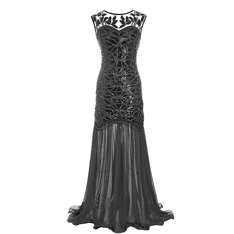

Vintage1920s Gatsby Flapper Beaded Sequins Maxi Long Sheer Dresses Sparkly Women Party Dress for Prom Theme Party