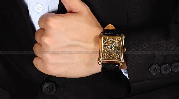 Часы скелетоны Winner Мужские механические прямоугольные золотистые дизайнерские