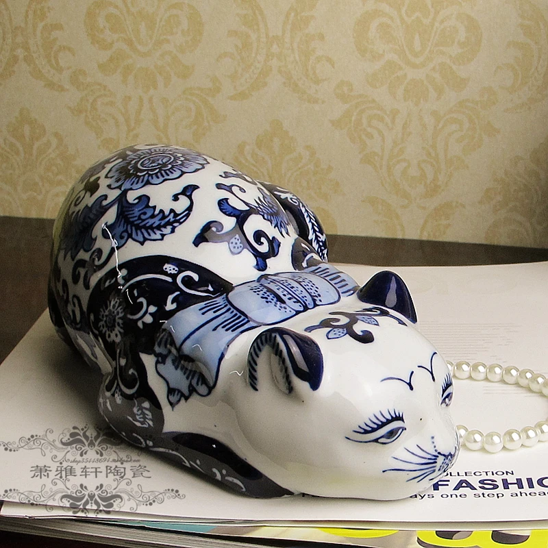 Скандинавские ретро новые китайские голубые и белые фарфоровые ленивые кошки