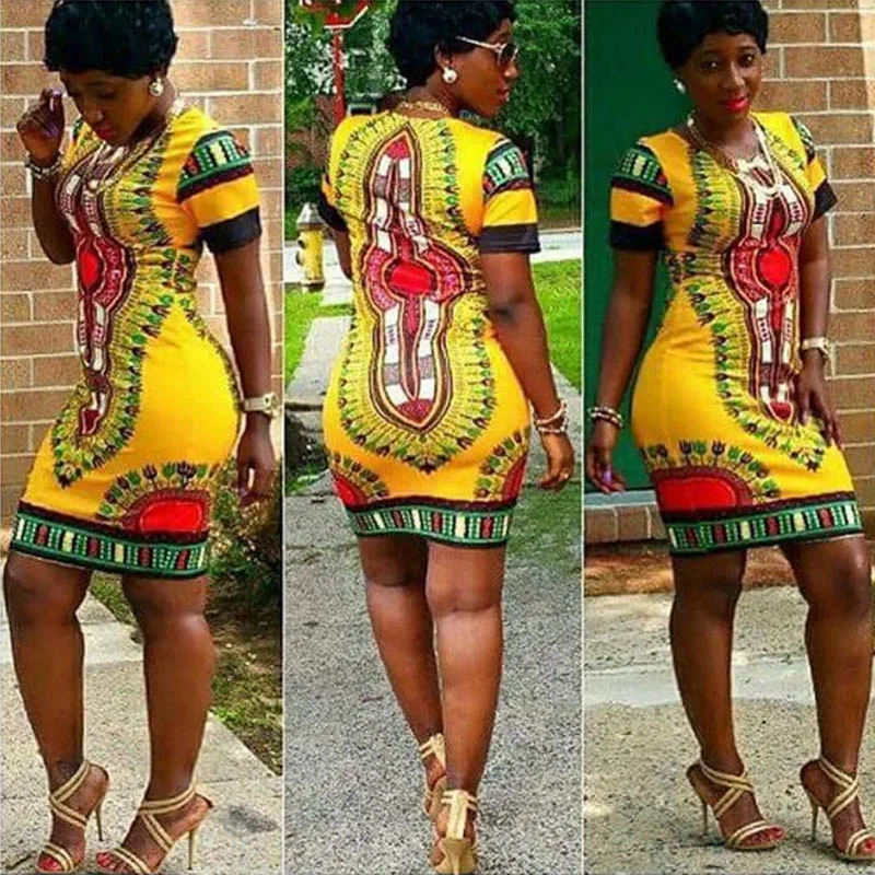 Plus size summer Traditional african print Vintage Dashiki Dress Robe Casual fashion Indian yellow blue bodycon women clothing | Женская