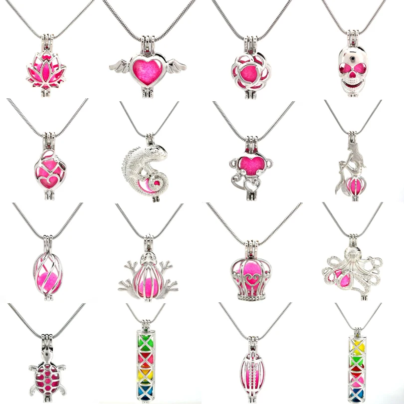 

Snake Chain Mixed Animal Lotus Flower Cylinder Skull Bead Cage Locket Necklace 22'' Steel Chains Necklace Women Men Party Gift