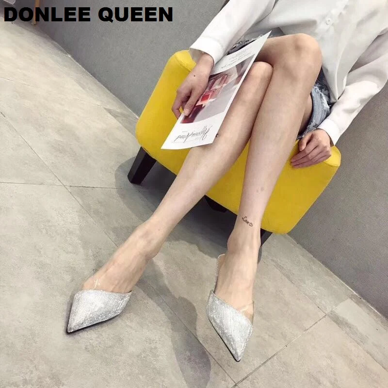 2019 Летняя обувь женские прозрачные шлепанцы с острым носком и блестками сандалии