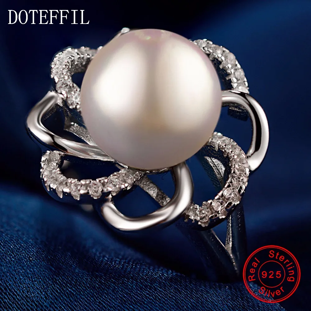 Женское кольцо из серебра 100% пробы с жемчугом 10 мм|silver jewelry|flower ringfashion rings women |