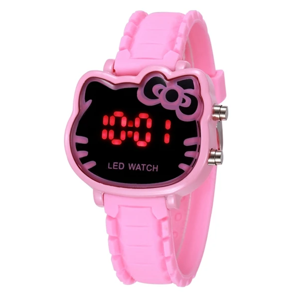 Розовый Led дисплей hello kitty мультфильм детские часы женские силиконовые Милые часы девушки дети дамы наручные часы Montre Enfant - Цвет: Розовый