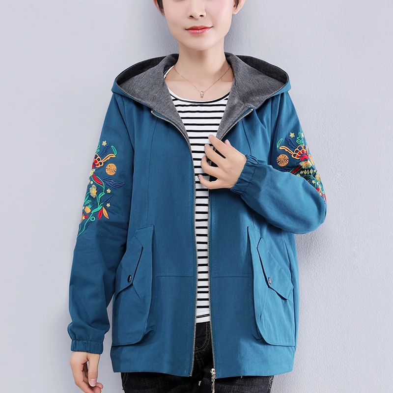 

Hooded Short Jacket Loose Spring New Embroidered Zipper Short Coat Women's Clothing Plus Size M-4XL Coat Female Top Outerwear