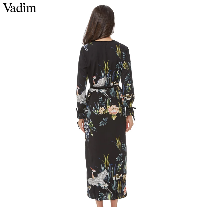 Vadim flower crane pattern maxi wrap dress v neck retro sashes bow tie long sleeve vintage bird chic loose casual Vestidos | Женская