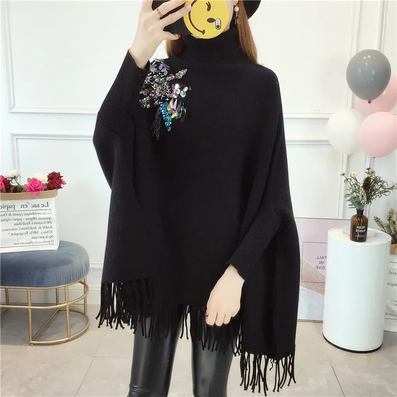 2021 Women Pullover Fashion Autumn Winter Warm Wrap Swing Turtleneck Sweater Long Sleeve Applique Sequins | Женская одежда