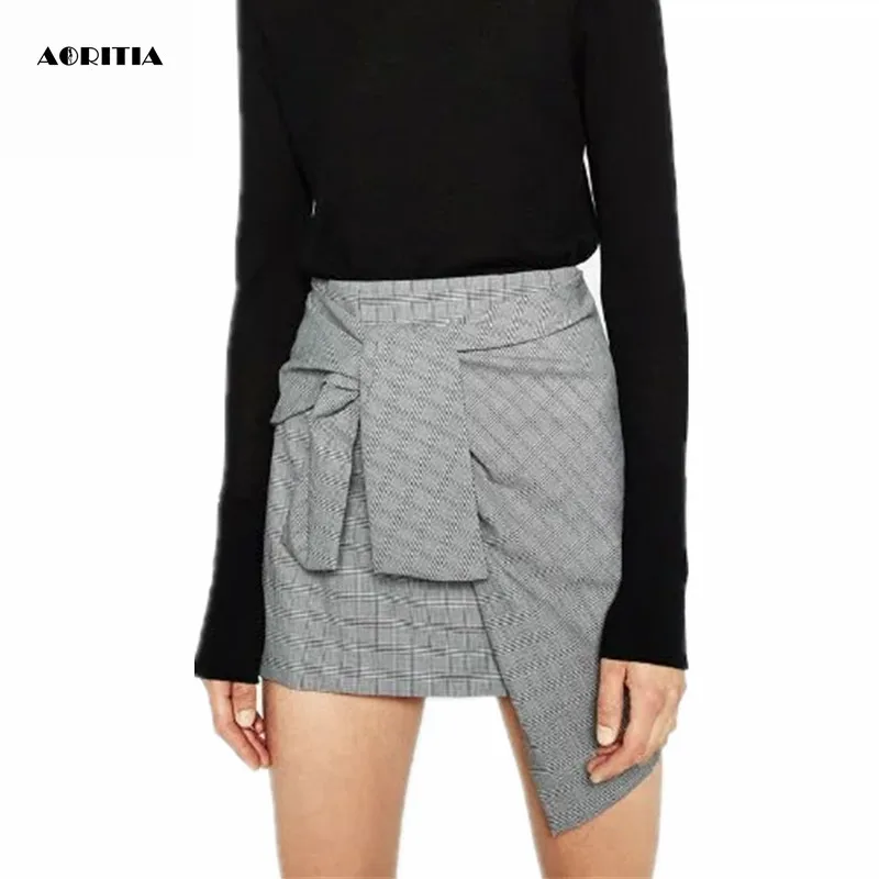 2016 Для женщин Европейский Стиль бантом клетчатая юбка Мода Line Асимметричные юбки